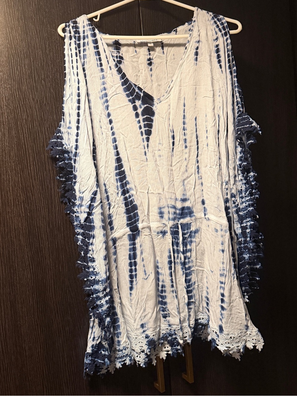 Tie-Dye Fringe beach Cover-Up Tunic in White and Navy